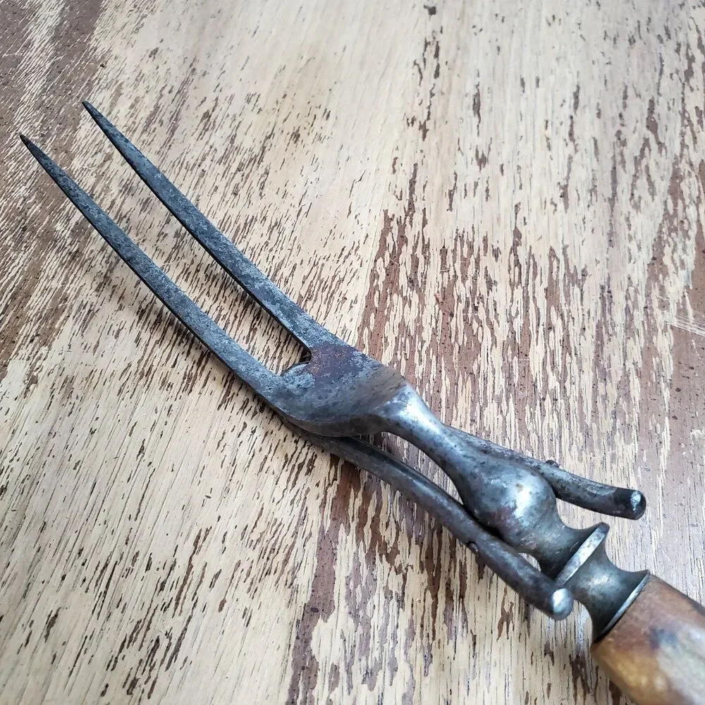 Antique Stag Antler Handle Meat Carving Serving Fork with Built-in Stand